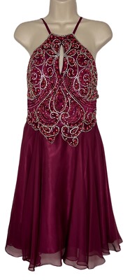 Dave & Johnny Maroon Burgundy Halter Beaded Sequin Fit Flare Short Dress Sz  3/4