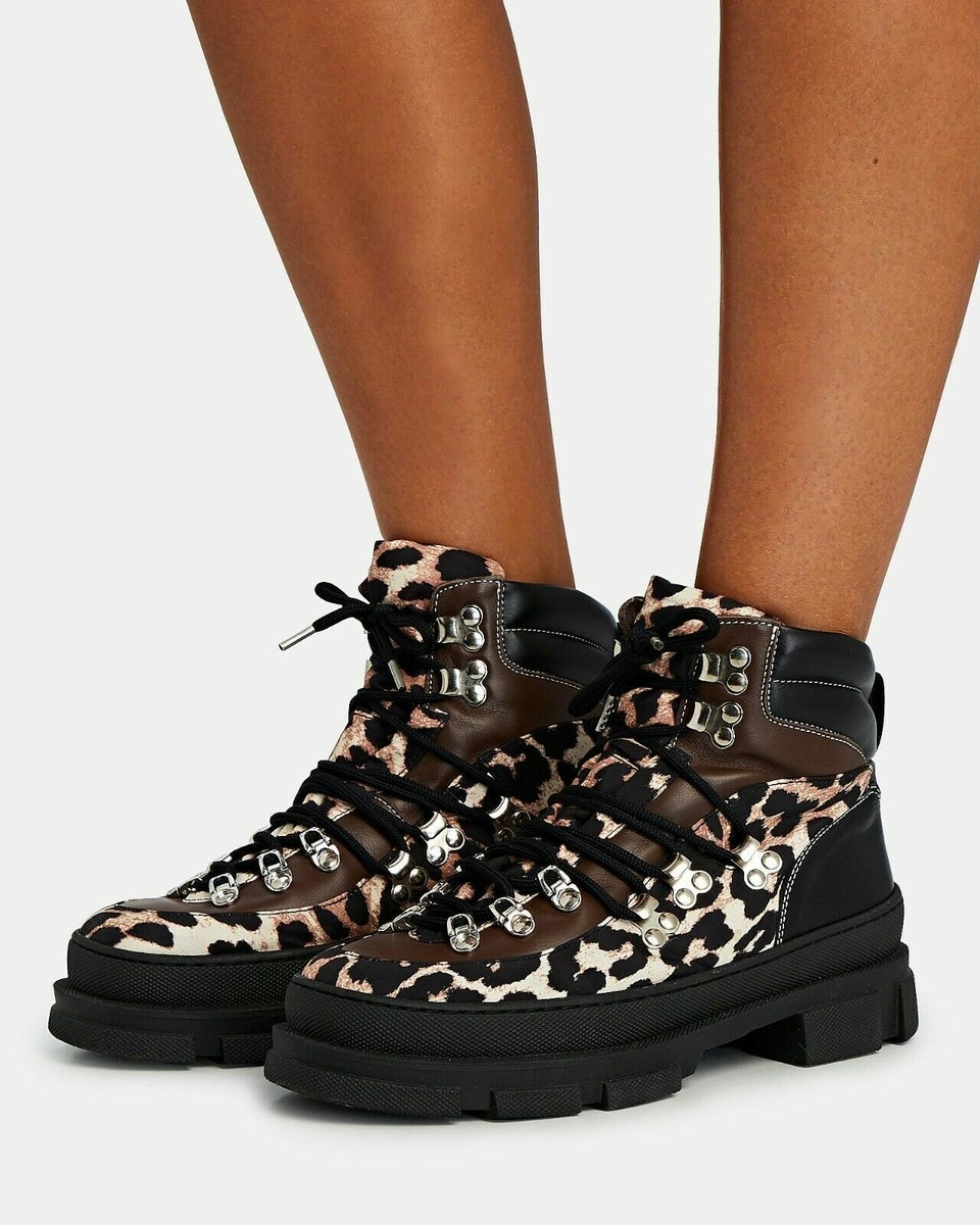 【関税&送料込み】Ganni Leopard Ankle Boots New! Ganni Leopard-Print Mixed-Media Hiking Boots Size 7 US