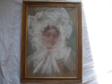 PASTEL JEUNE FEMME MAROUFLE SUR TOILE SIGNE PIZZELA DATE 1902 CADRE BOIS DORE 