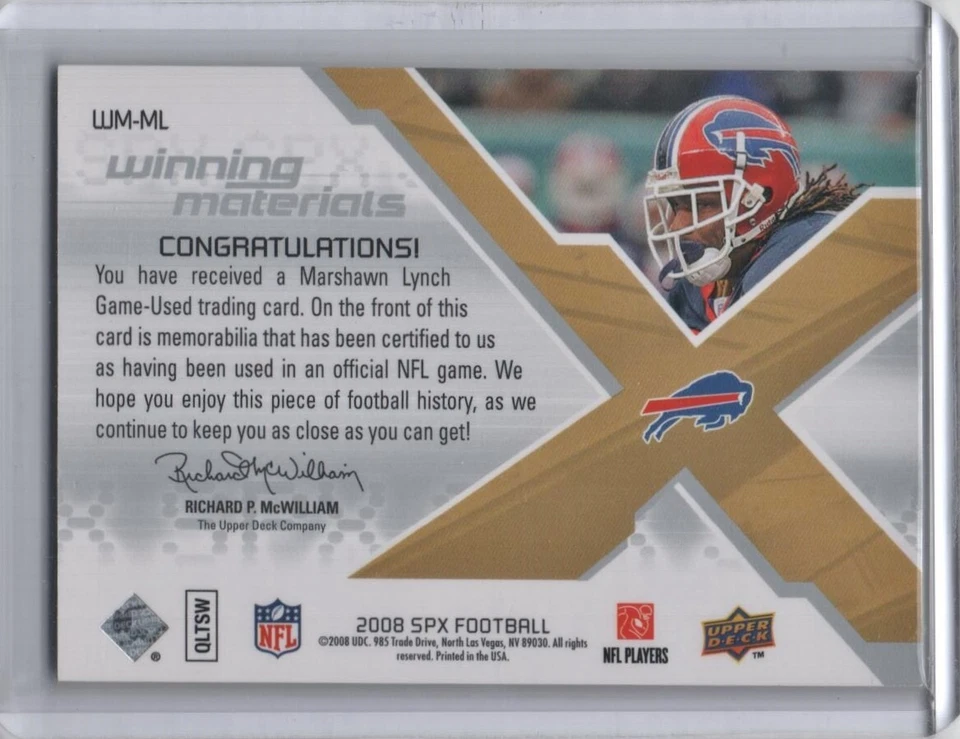 2008 SPx Winning Materials Football Shape 39 #WM-ML Marshawn Lynch 10/39 - Image 2 of 2