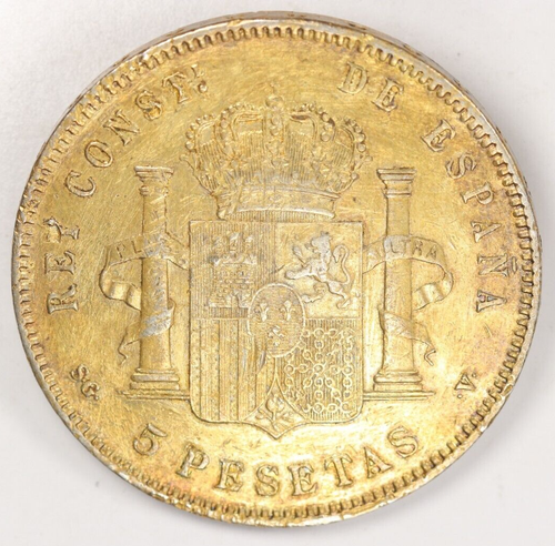 1898 Spain 5 Pesetas Silver Coin (.900) Gold Plated SG-V - Picture 4 of 4