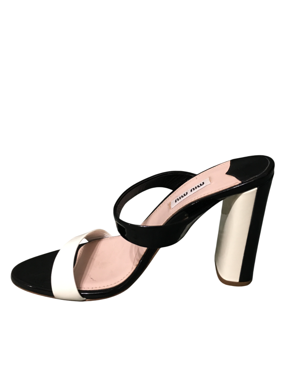 MIU MIU Patent Leather Double Strap Block Heels Mules Size EU 37.5