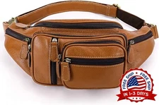 Riñonera Bolso Cintura Grande De Cuero Genuino De Hombre Para Viajes Marrón NEW.