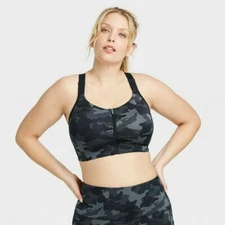 Women's Camo Print High Support Zip Front Bra - All in Motion Black Camo SIZE 36