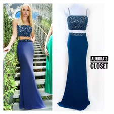 Jovani 4 Blue Two-Piece Beaded Gown Maxi Crop Spaghetti Top $700