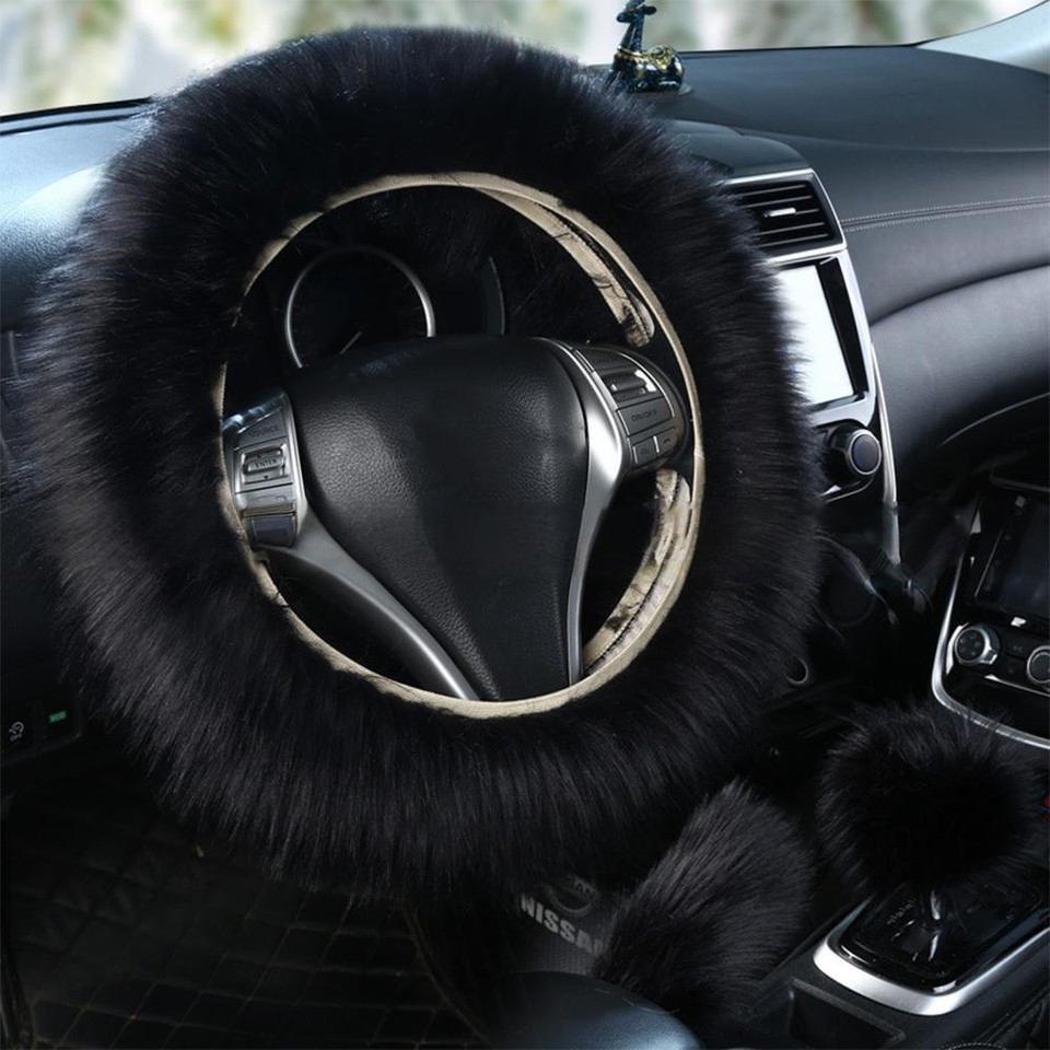 Faux Wool Fur Fluffy Car Steering Wheel Cover Handbrake Gear Knob