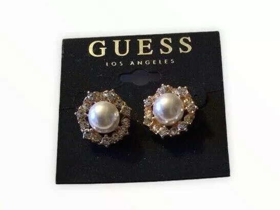Guess Earrings Gold Tone Stud Cluster Pearl Rhinestone