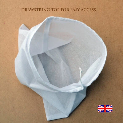 BJ-FILTERS 100% COTTON MUSLIN =KEFIR=NUT MILK=TEA=ETC =STRAINING CORDED BAG-16cm X 20cm F/P