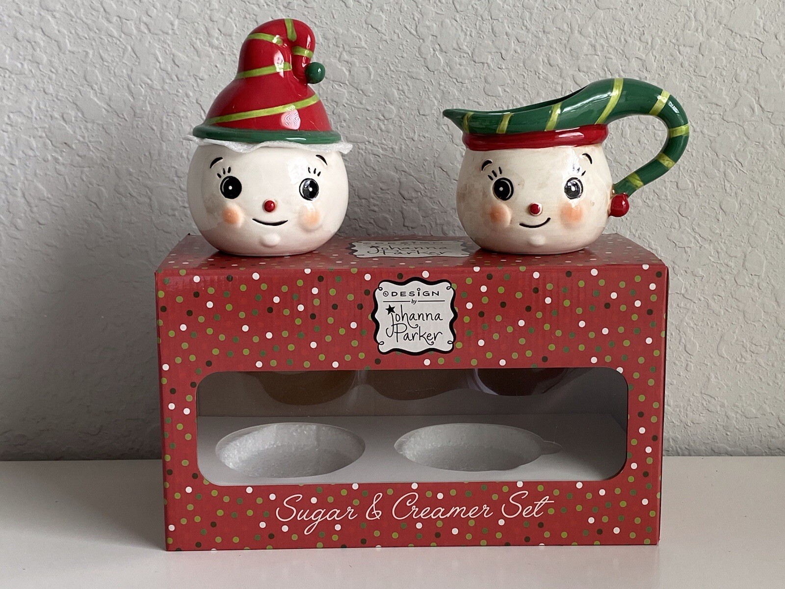 Johanna Parker Christmas Snowman Elves Elf Red Green Sugar And Creamer