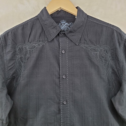 Guess Men Size S Solid Black Embroidered Ornament Cotton Casual Shirt - Picture 3 of 12