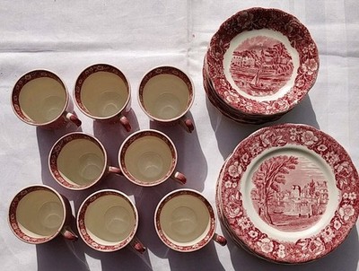 24 Teile PALISSY England THAMES RIVER SCENES in  rot -  Espresso / Mocca Service