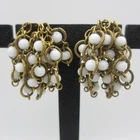 Vintage Drop Dangle Earrings Cha Cha Milk Glass Beads Gold Tone Clip On