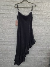 New BHLDN Satin Ruffle Jaquar Black Asymmetrical Midi Dress Sz Small (US)