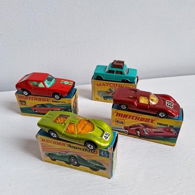 Konvolut 4 Vintage Matchbox Lesney Spielzeugautos Nr 68, 45, 56 und 62, neuwertig