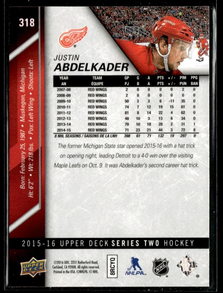 2015-16 Upper Deck Justin Abdelkader #318 - Image 2 of 2