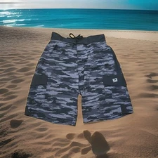 Wave Zone Swim Trunks Mens Size Medium Black Gray Camo Board Shorts U2