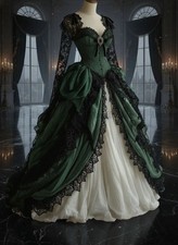 Green Gothic Wedding Dress Victorian Medieval Fair Cape Lace Vampire Bridal Gown