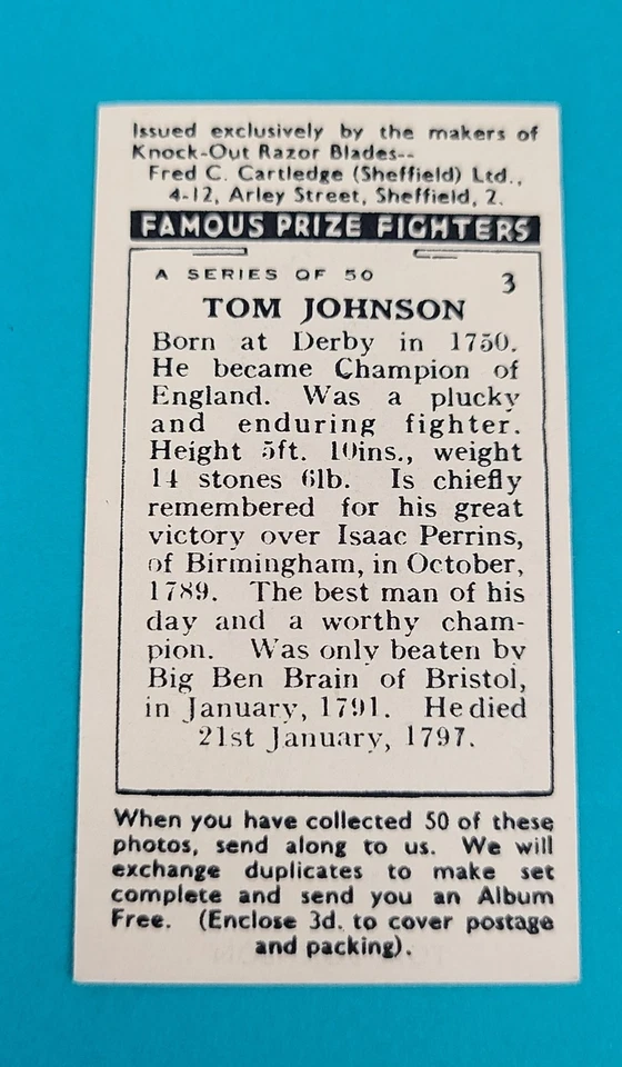 1938 Cartledge Razors Famous Prize Fighters #3 Tom Johnson BOXING Card 3C - Image 2 of 2