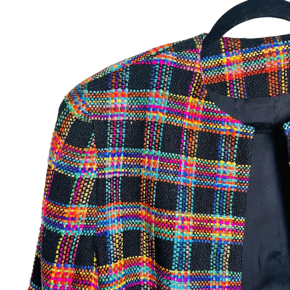 Doncaster Jacket Womens 10 Black Multicolor Plaid 100% Silk Open Front Blazer - Imagem 2 de 4