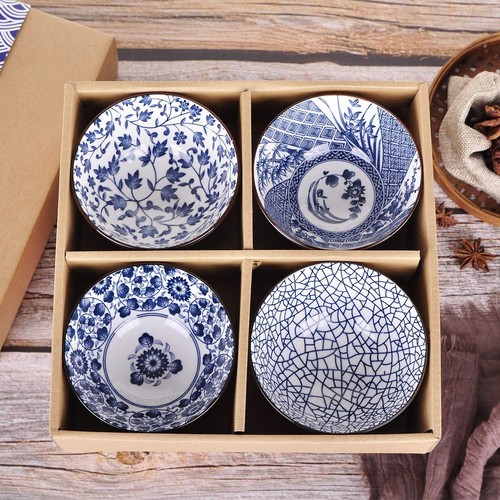4 japanische Keramik Reisschalen Geschenkbox blau weiß unterglasiert - Bild 4 von 7