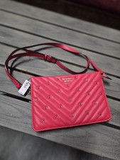 Victoria's Secret Red Faux Leather V-Quilt Gold Chain Small Crossbody Bag Zip