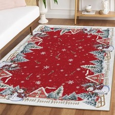 Red Snowman House Pine Tree Christmas Area Rug, Xmas Winter Home Decor Low