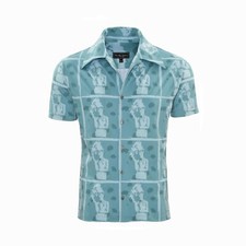 Mens 60s Green Vintage Film Print Short Sleeve Camp Shirt