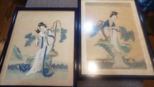 2 Chinese Antique Geisha watercolor Paintings on silk framed