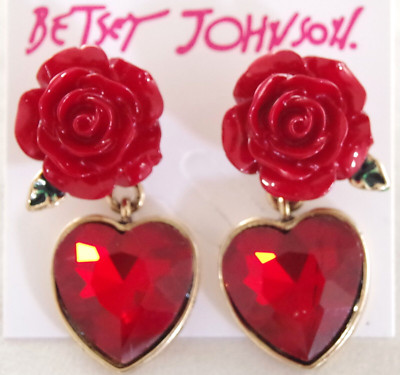 NEW BETSEY JOHNSON 3D RED ROSE FLOWER & VALENTINE HEART GEM DROP DANGLE EARRINGS