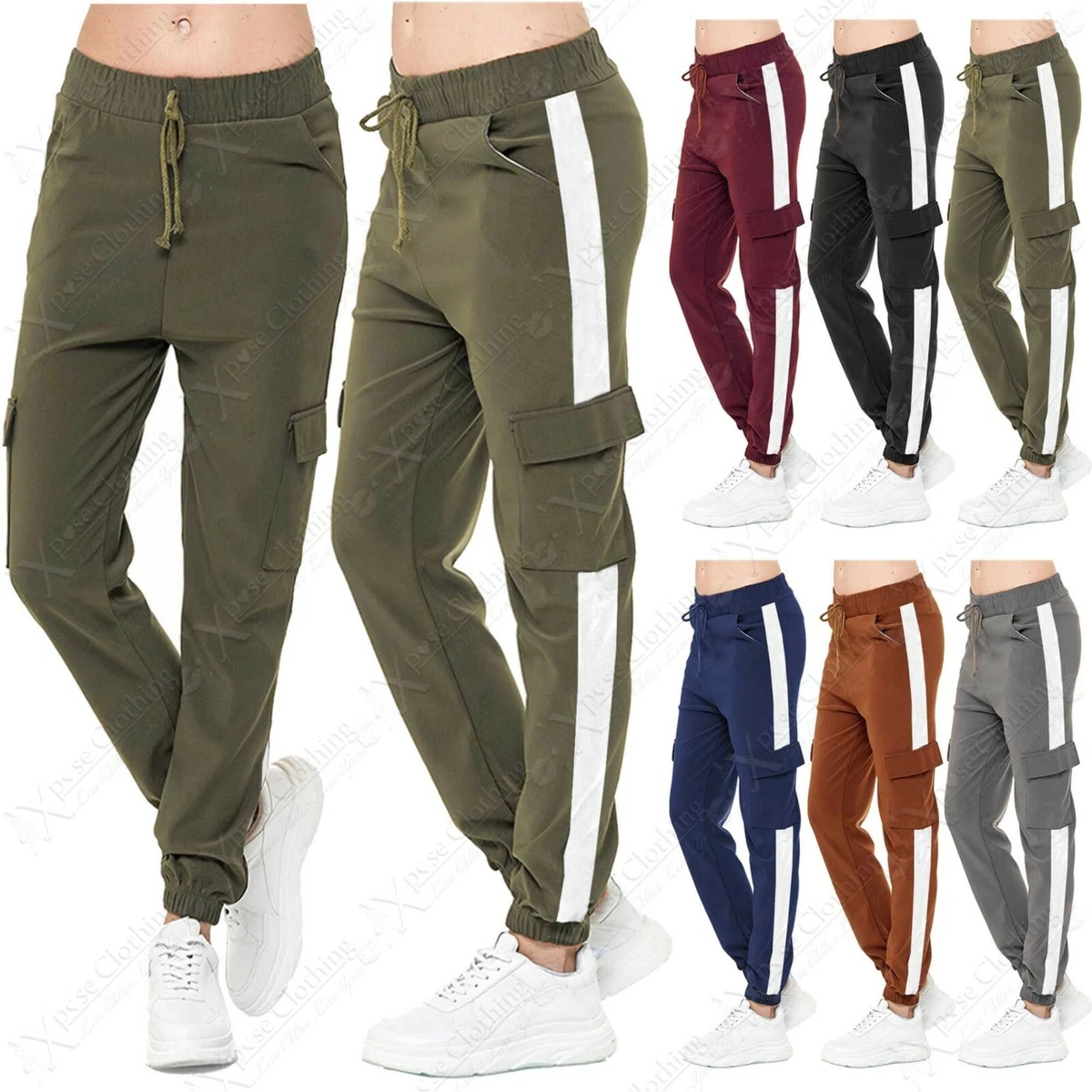 LADIES SIDE STRIPE CARGO COMBAT STRETCH CASUAL TROUSER WOMEN SPORT