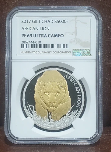 2017 NGC PF 69 CHAD 5000F Silver "AFRICAN LION" Ultra Cameo / Gilt
