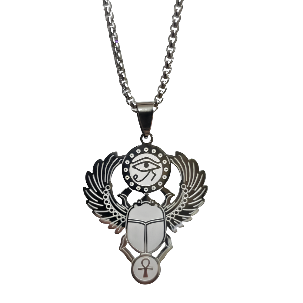 Scarab Beetle Pendant Horus Ankh Necklace Steel Amulet 24 Inch Chain Jewellery