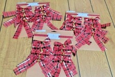 24 Mini Christmas Tree Bows w/Bells Decoration Red Plaid 3 packs of 8