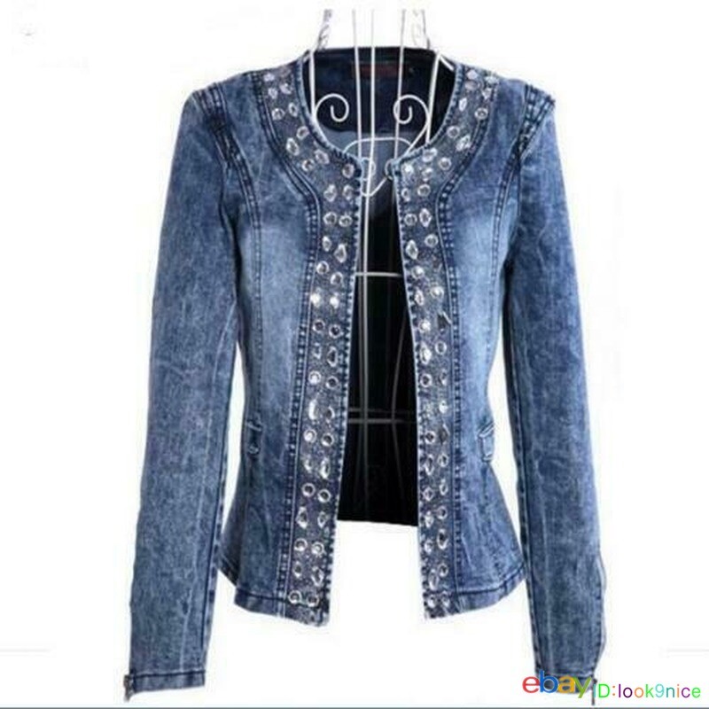 ALTRA top giacca donna con paillettes strass scollo O denim giacca cappotto outwear