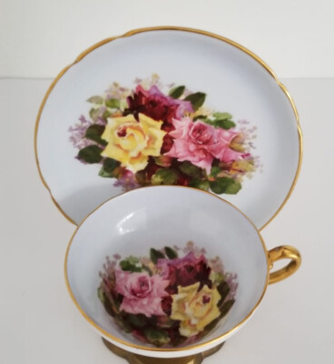 Beautiful Vintage STANLEY Bone China England Cup  Pink Yellow ROSES Gold Trim