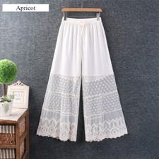 Cotton Blend Women Bloomers Pants Mesh Splicing Wide-leg Lace Trouser Pettipants