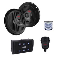 Pyle 4-Channel Marine Bluetooth Controller, 2x 6.5" 150W Black Speakers, Wire