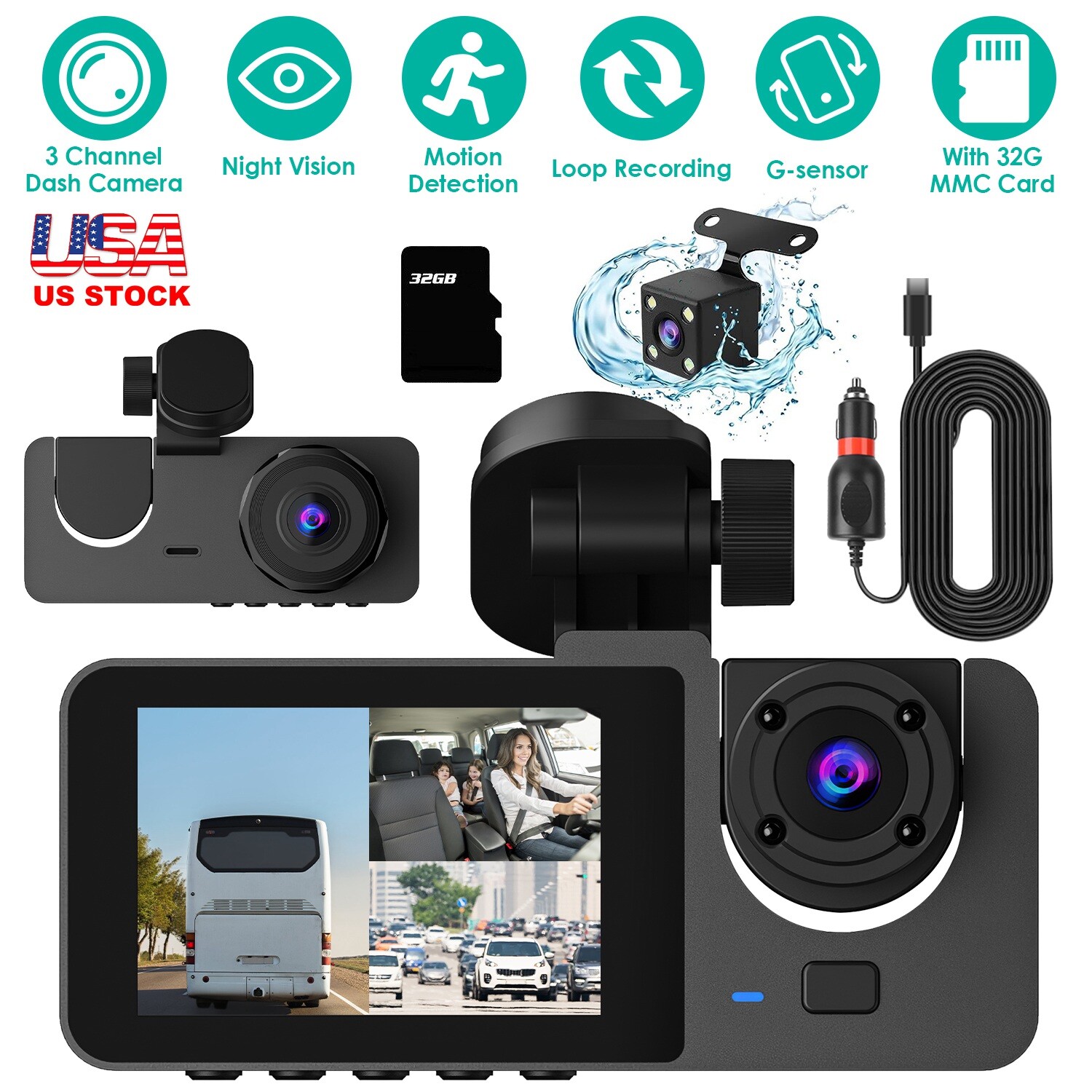 Dual Dash Cam with Front and Rear Night Vision Vehicle DVR Recorder-image