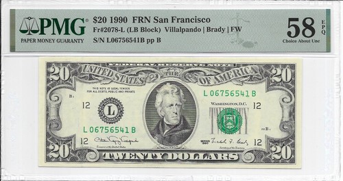 1990 $20 SAN FRANCISCO FRN. PMG Choice About UNCIRCULATED 58 EPQ Banknote.