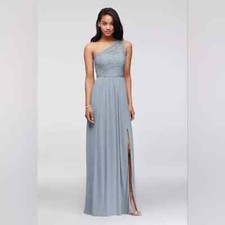 David  s Bridal Size 6 Blue Chiffon  Lace Dress One Shoulder F17063 EUC