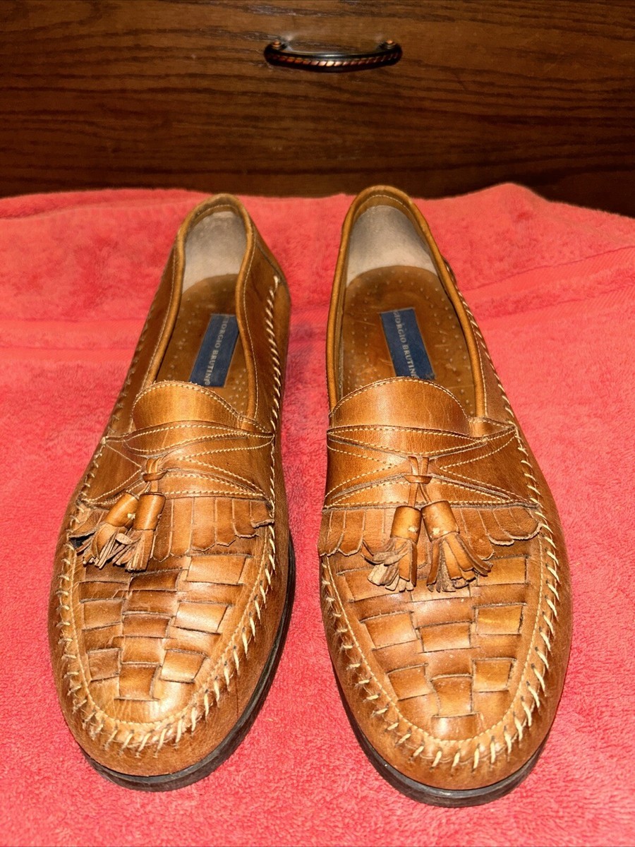 GIORGIO BRUTINI Bartell Brown Leather Tassel Woven Loafers 