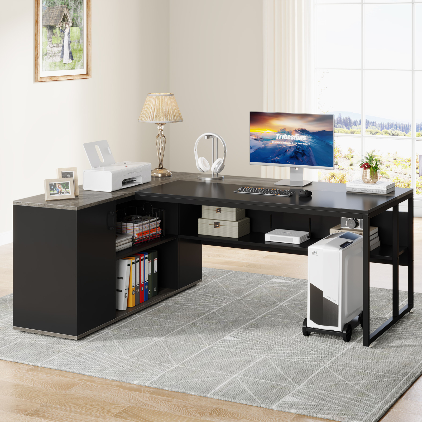 Tribesigns L Shaped Executive Desk with Storage Shelves, Large Office Desk