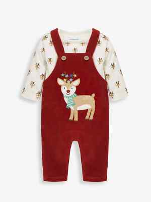 JoJo Maman BeBe Christmas 2-Piece Red Reindeer Dungarees Print Body  Set UK