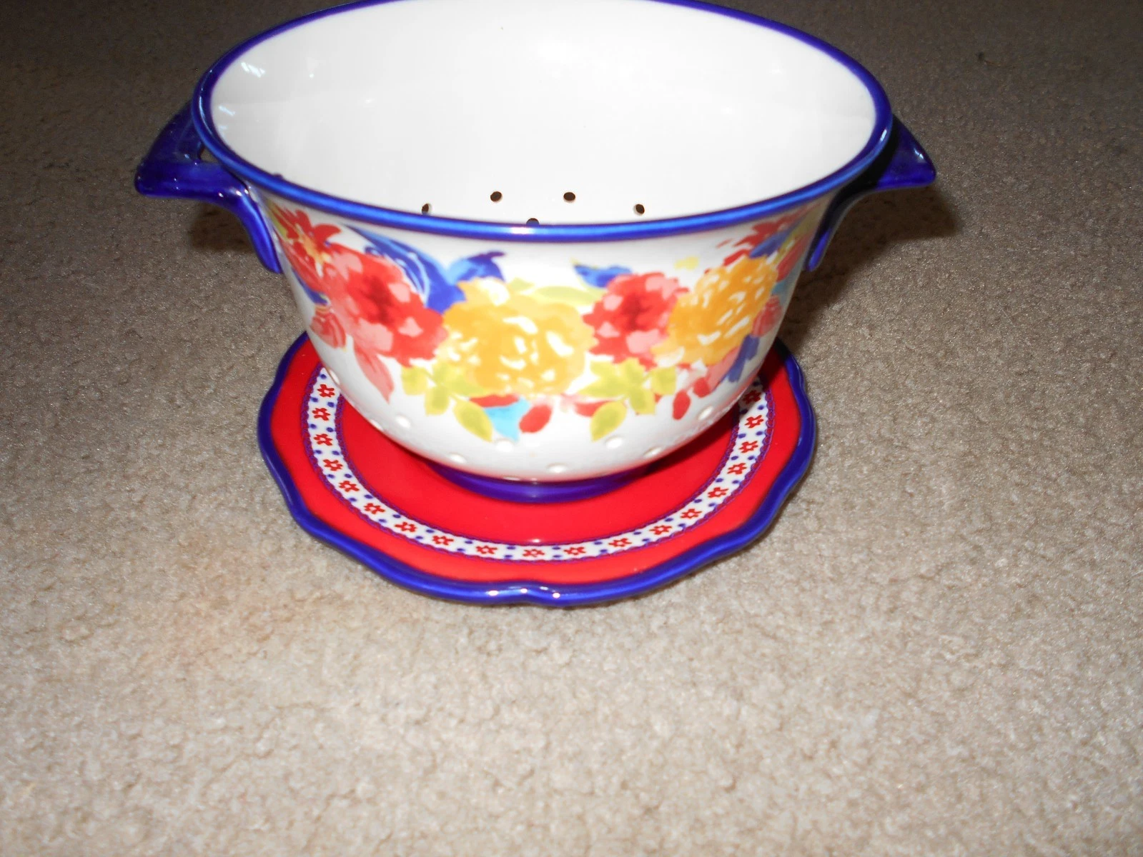 The Pioneer Woman Fiona Floral Ceramic Colander with Drip Plate Blue Red