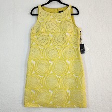 Adrianna Papell Women Sz 8 Jacquard Yellow Dress Rose Beaded Sleeveless Sheath