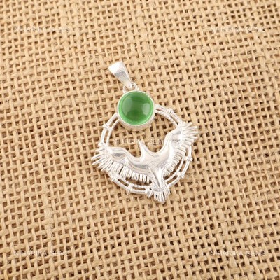 Round Natural Green Cat's Eye Anniversary Sister Engagement Pendant 925 Silver