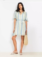 LOFTStriped Tie-Waist Short Sleevw Dress in Pastel Blue Cream Crinkle Sz L