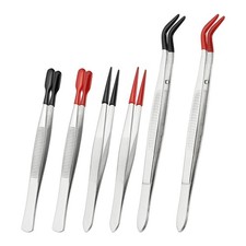 Craft Tweezers with Rubber Tips, 6 Pcs Tweezers Set, Black/Red 4.3" 4.5" 6.1"
