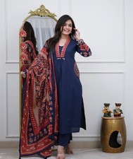 Women's Navy Blue Cotton Kurta Set with Printed Dupatta Indian Ethnic Suit