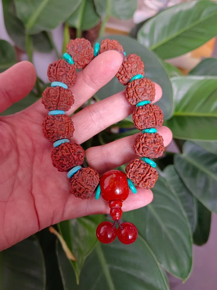 PULSERA DE CINCO CARAS RUDRAKSH NEPAL ABALORIOS CON ÁGATA ROJA Y TURQUESA Foto 4 de 4